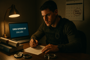 Curso sequencial superior EAD 3 meses para concurso policial com distintivo e certificado sobre a mesa